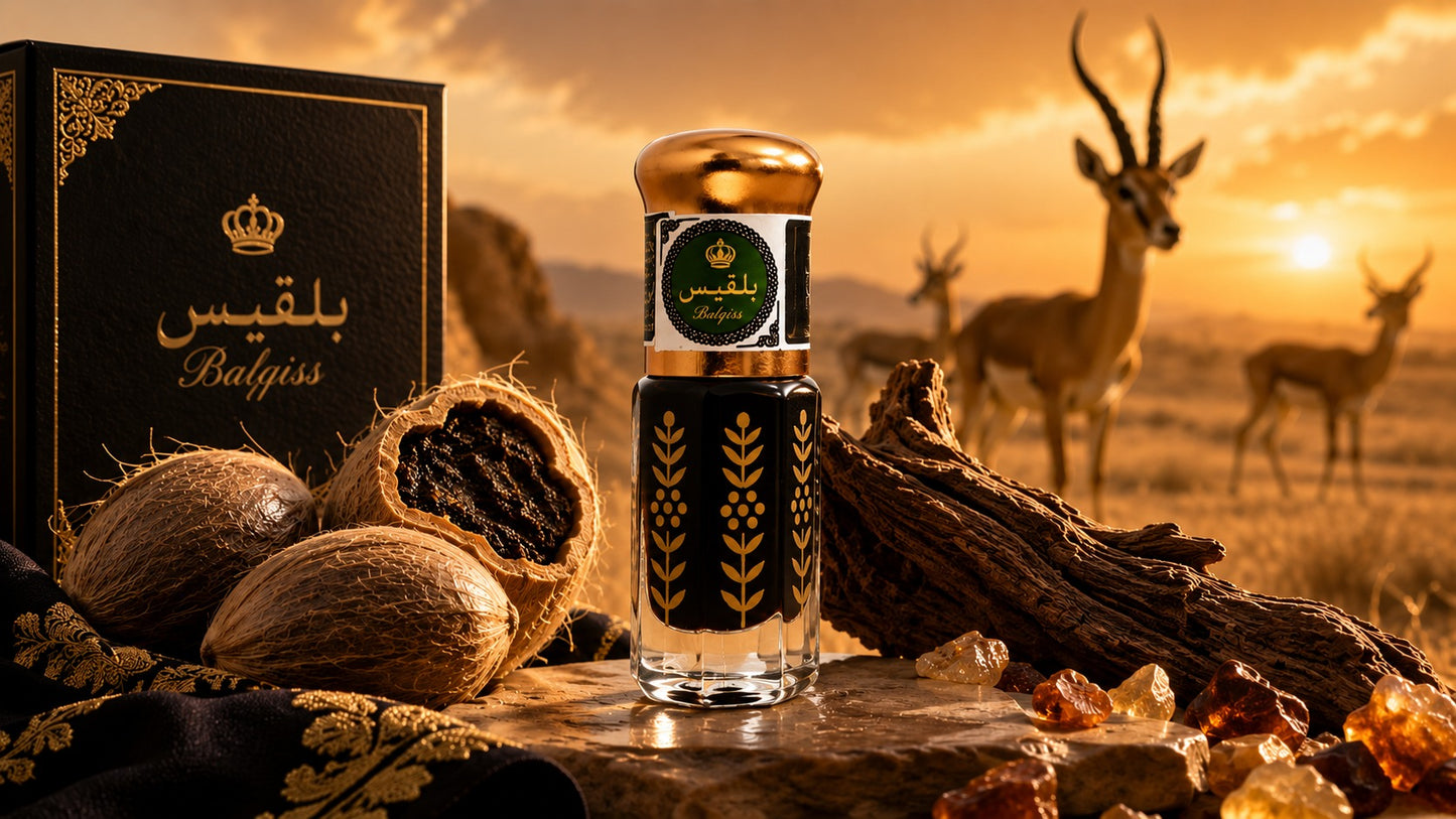 Musc noir huileux - flacon, grains de musc et gazelles au coucher de soleil