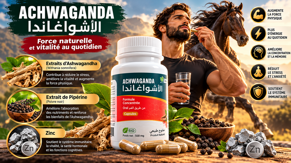Gélules d'Ashwagandha – ginseng indien, pipérine et zinc – 60 gélules 500 mg