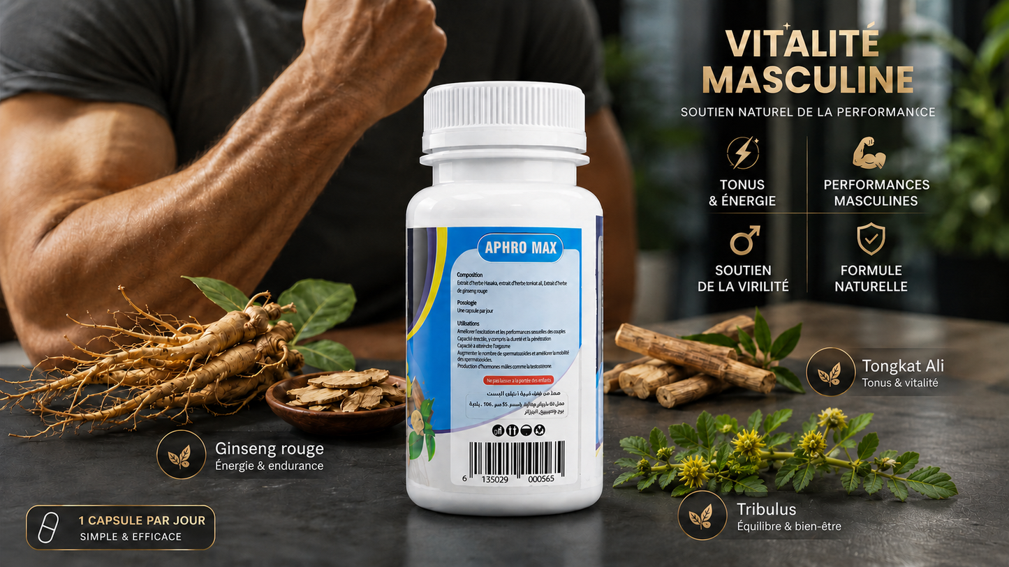 GELULES APHROMAX - LIBIDO & TESTOSTERONE - TRIBULUS, GINSENG ROUGE, TONGKAT ALI