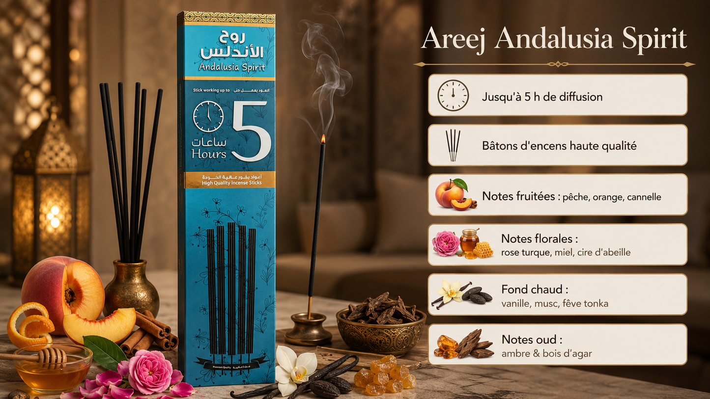 Areej – encens d'exception – coffret 5 bâtons (≈5 h) – 3 senteurs au choix