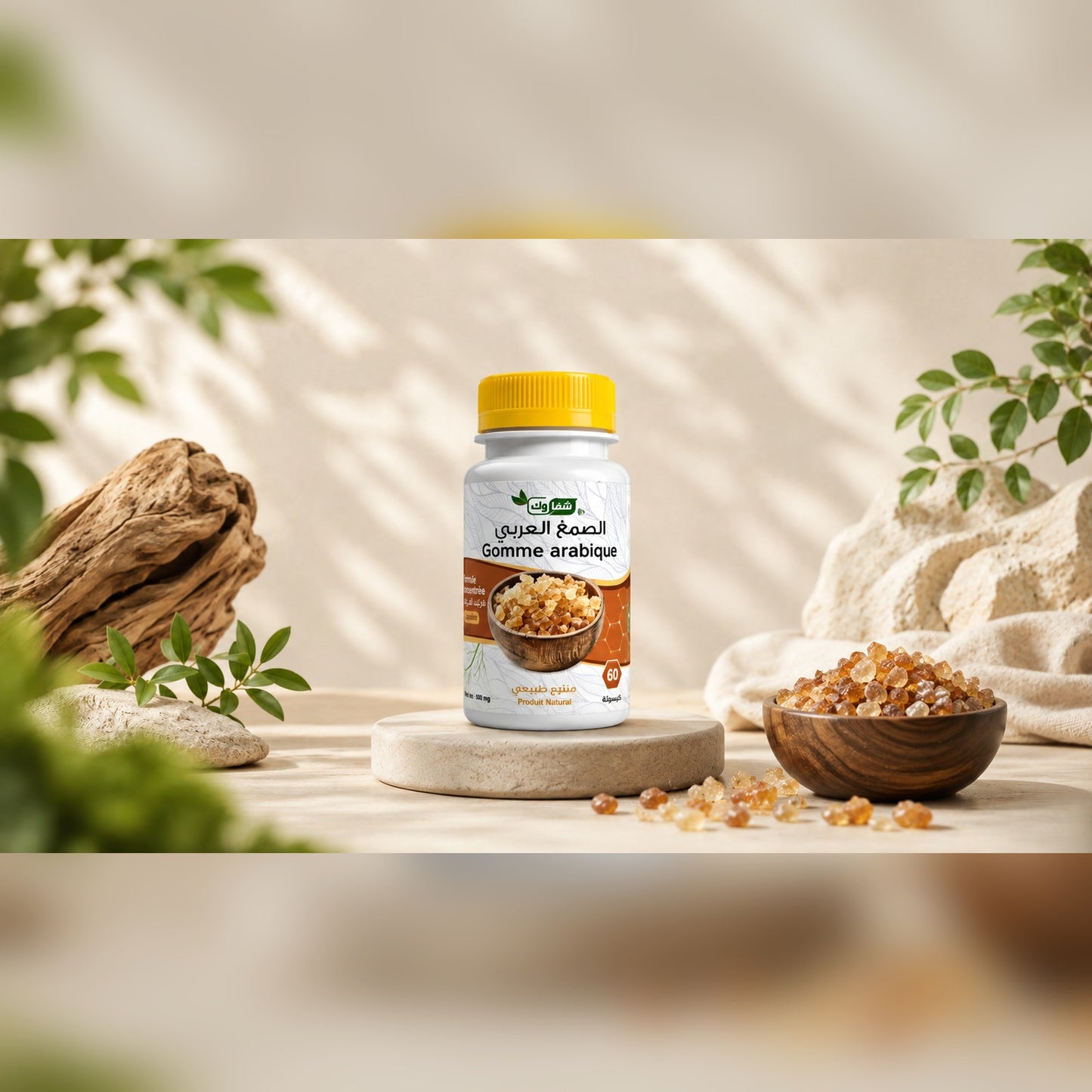 Gomme arabique en gélules - flacon, résine d'acacia et bois