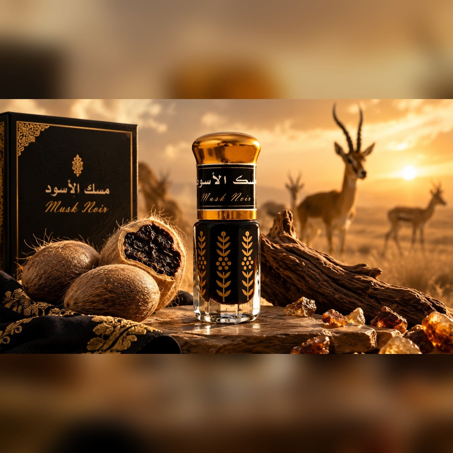 Musc noir huileux pur 4 ml - flacon, grains de musc, gazelles
