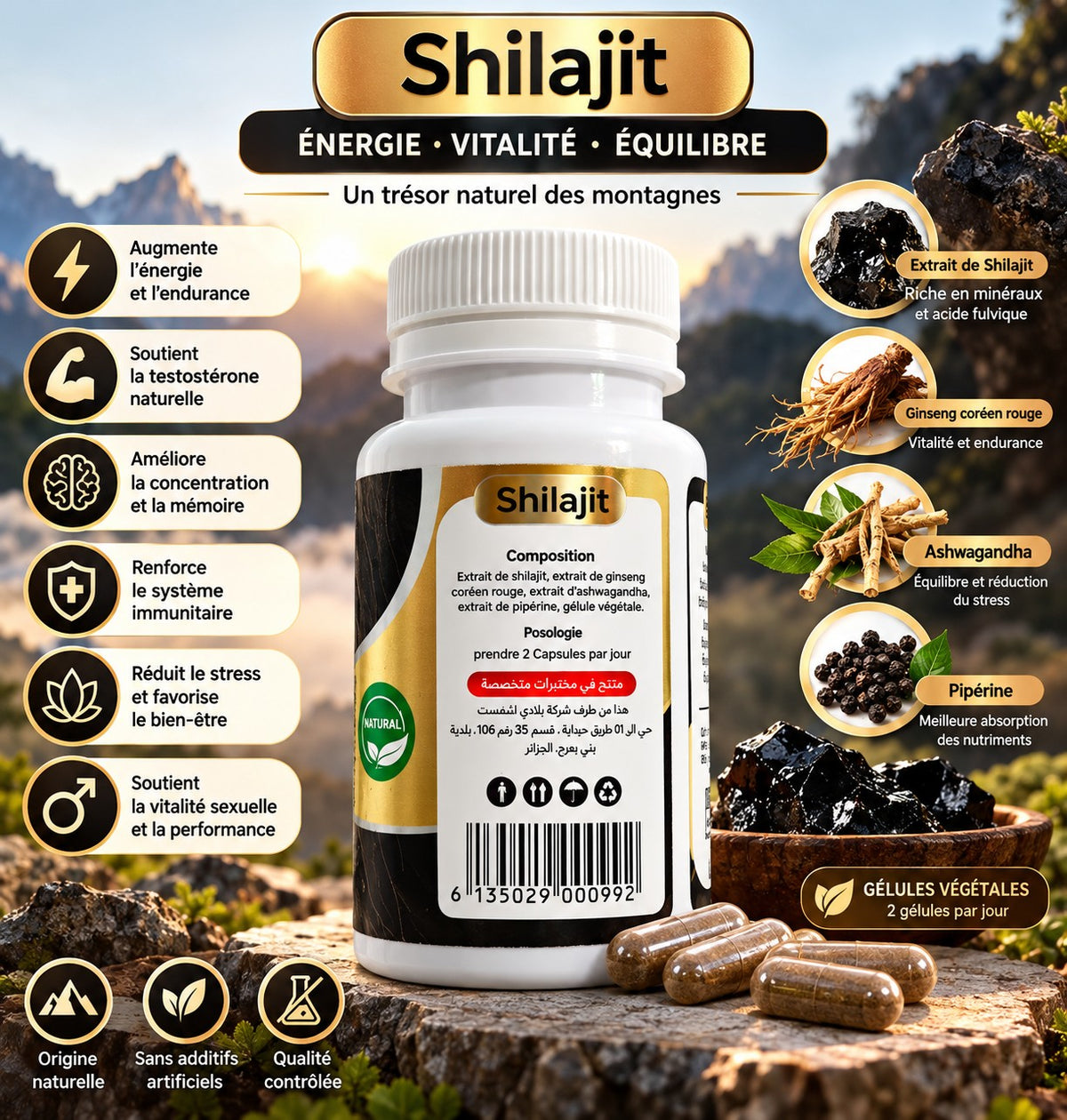 Shilajit Chifawak - composition et posologie au dos du flacon
