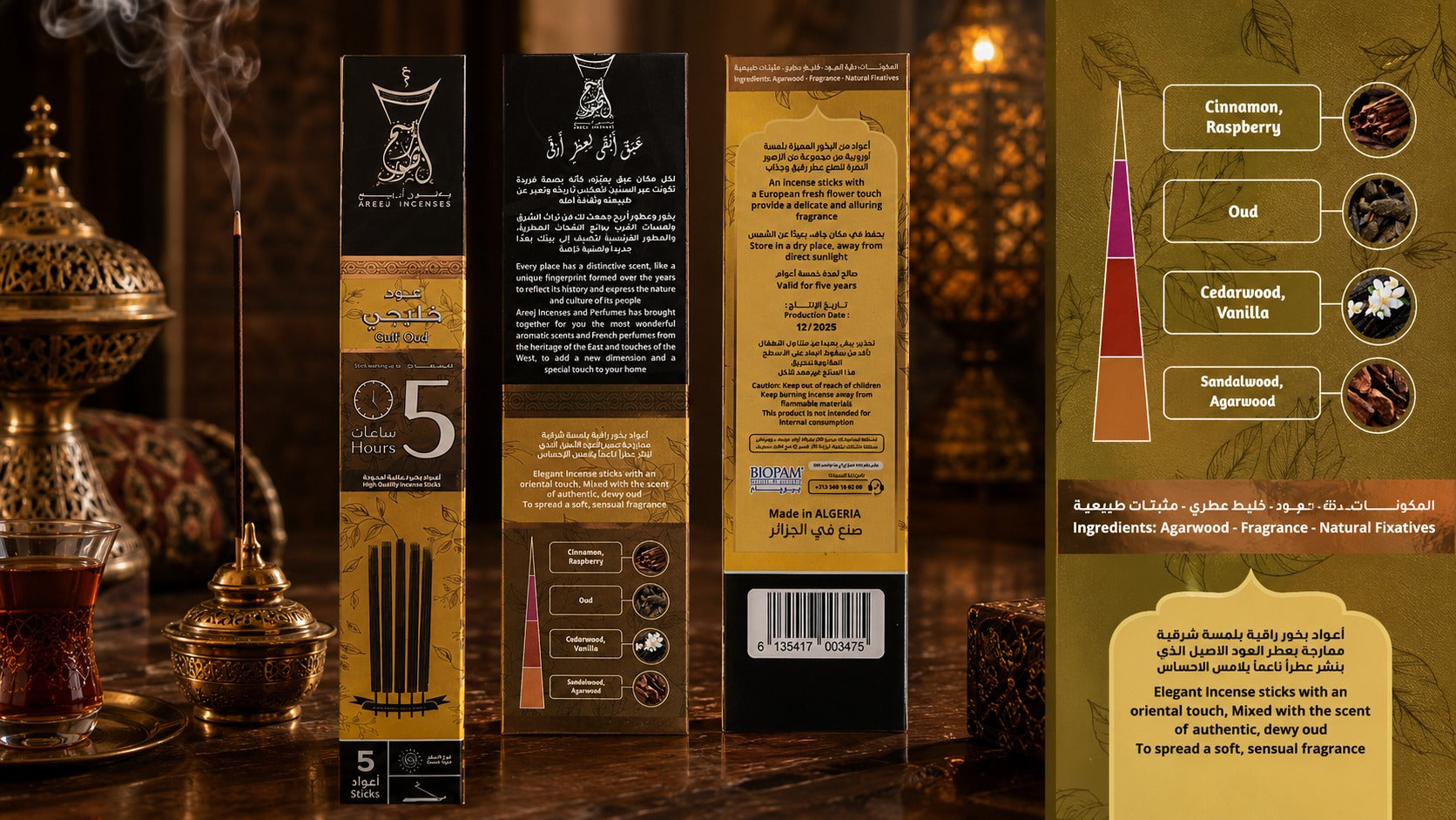 AREEJ encens 'oud - notes olfactives et composition (agarwood, santal, cèdre, vanille, cannelle, framboise)