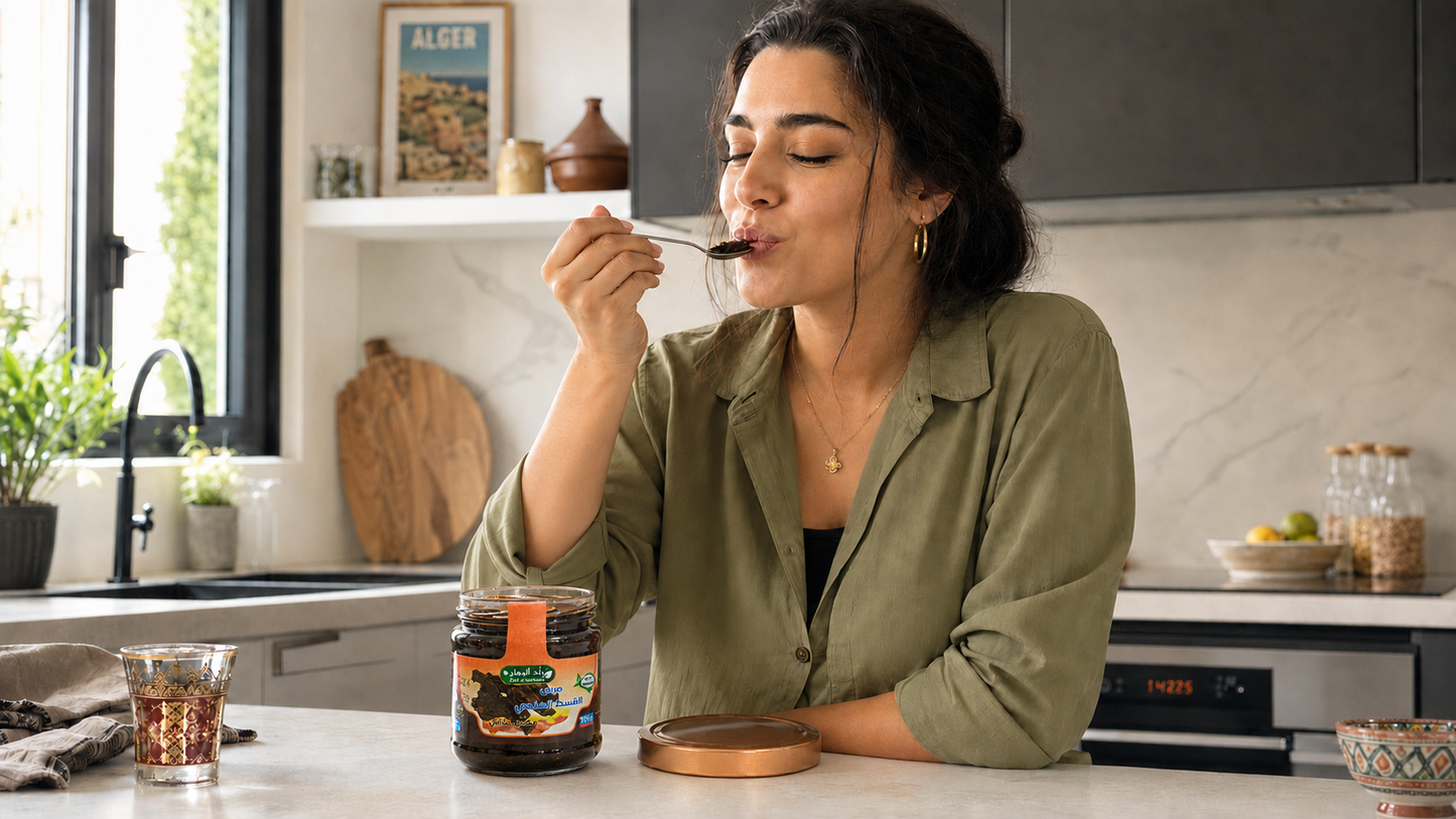 CONFITURE AU MIEL NOIR, GRAINE DE NIGELLE ET COSTUS INDIEN - POT CORANISE 250 GR