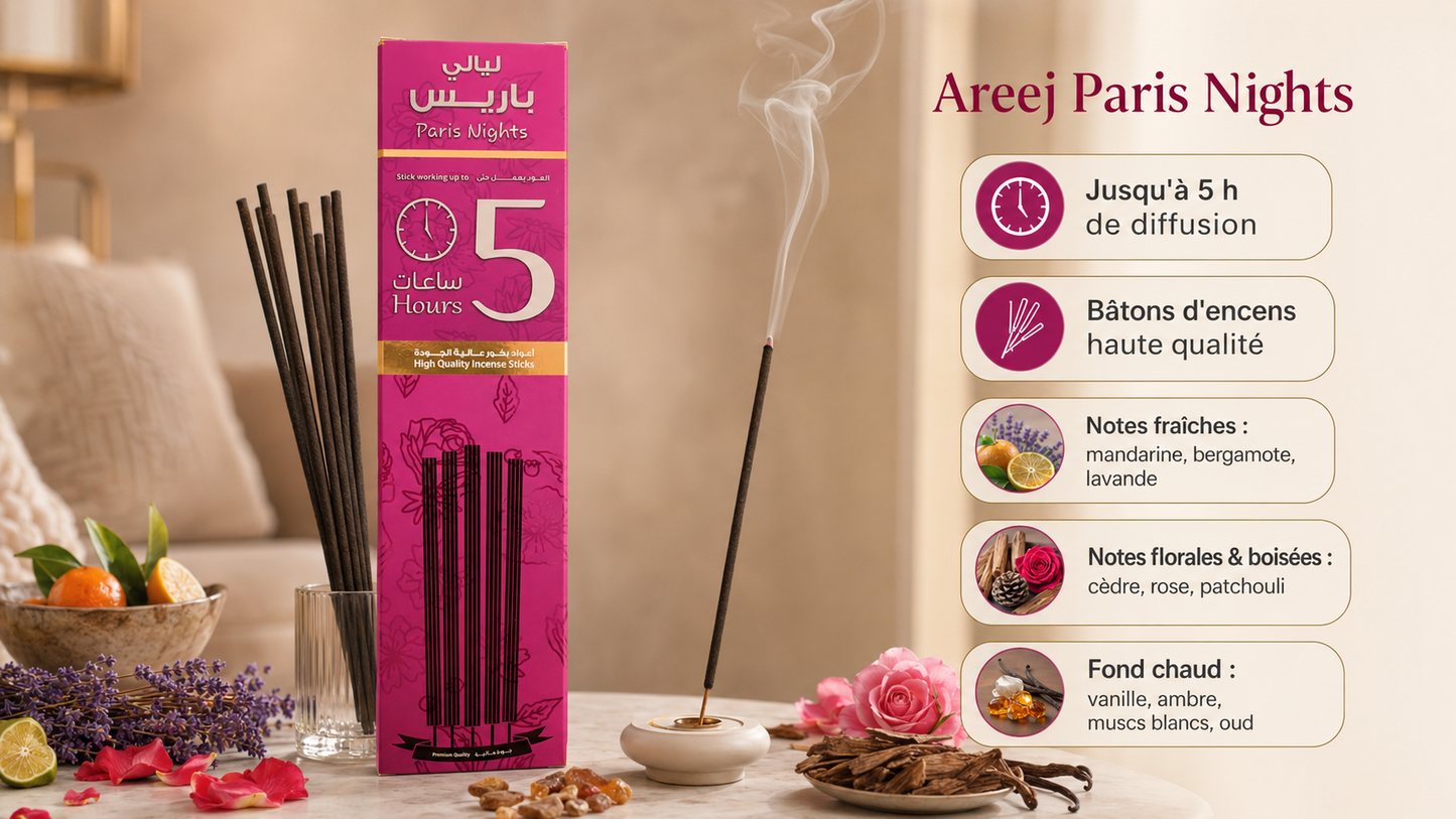 Areej – encens d'exception – coffret 5 bâtons (≈5 h) – 3 senteurs au choix