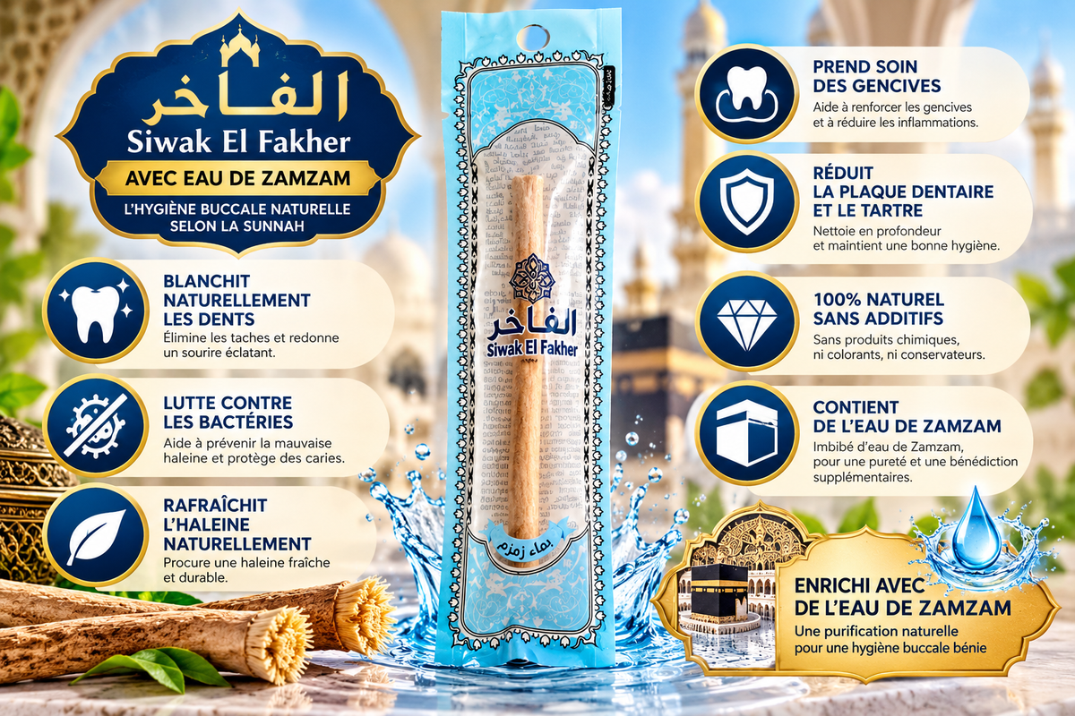 Siwak premium El Fakher à l'eau de zamazam – dents blanches - bâton d'arak naturel (miswak)